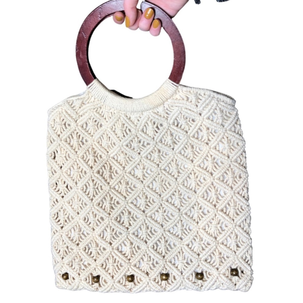 Bohemian Macrame Tote Bag Wooden Ring Handles Cream Knitted Shoulder Bag - Picture 2 of 13